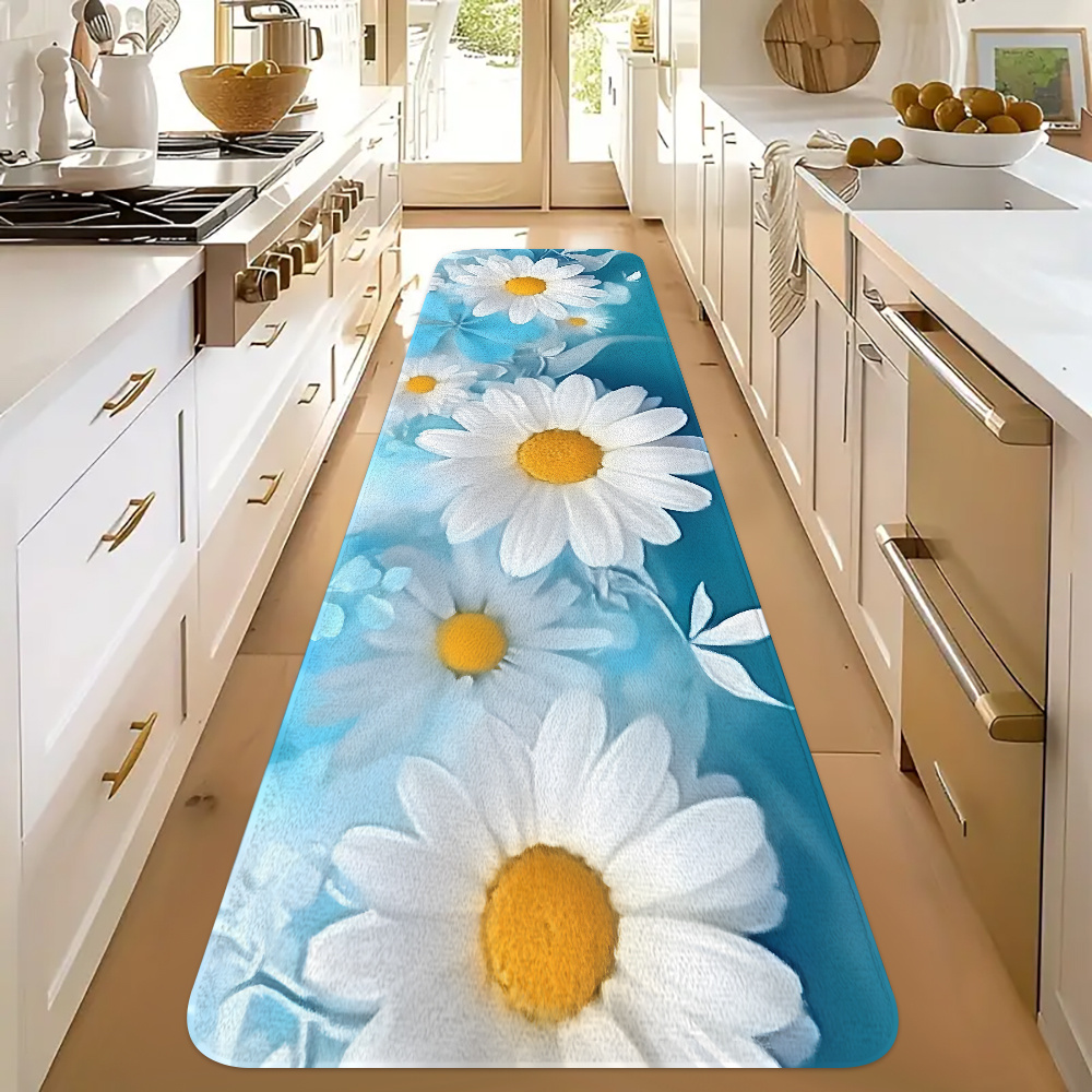 Commercial Kitchen Background - Blue Background White Daisy Kitchen Runner