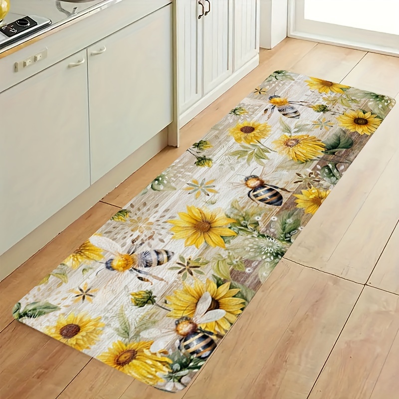 Commercial Kitchen Background - Watercolor Sunflower Bee Long Runner Mat
